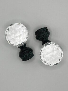 Pair Faceted Acrylic Crystal Ball Finials Green Speckled Base Curtain Lamp Rod